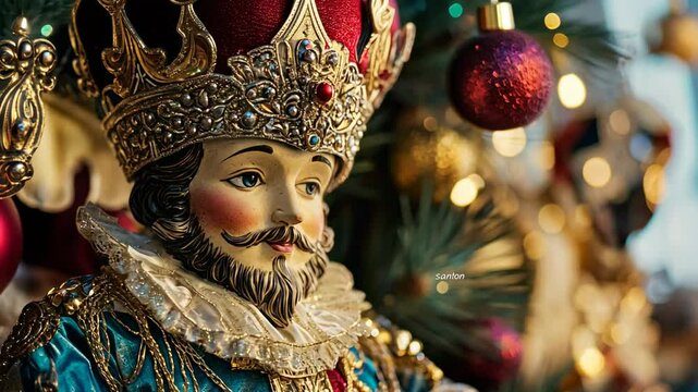 Festive nutcracker king amidst holiday ornaments brings christmas cheer