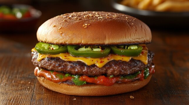 A close-up of a cheeseburger with jalapeños, cheese, and sauce on a sesame seed bun.