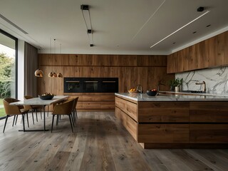 Luxury kitchen featuring wood and marble surfaces.