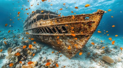 Sunken ship resting on ocean floor surrounded by coral and fish.