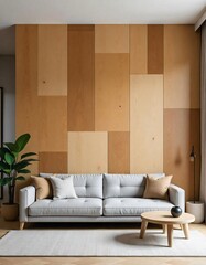Modern living room interior with wooden floor, featuring a comfortable sofa, armchair, and stylish decor