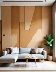 Modern living room interior with wooden floor, featuring a comfortable sofa, armchair, and stylish decor