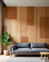 Modern living room interior with wooden floor, featuring a comfortable sofa, armchair, and stylish decor