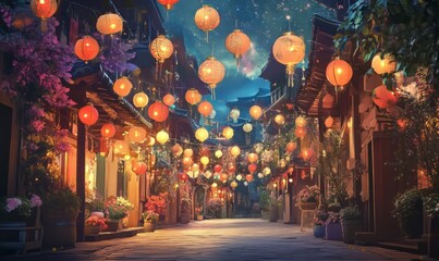 Lanterns hanging on a street in an oriental festive style