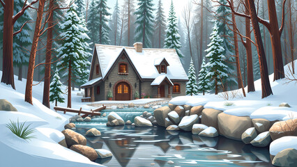 Naklejka premium cartoon photo, beautiful stone house by the river in the forest, close up, winter 