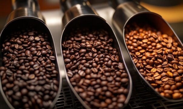 Light, medium, and dark roast coffee beans pouring from a modern roaster, perfectly displaying their unique color spectrum
