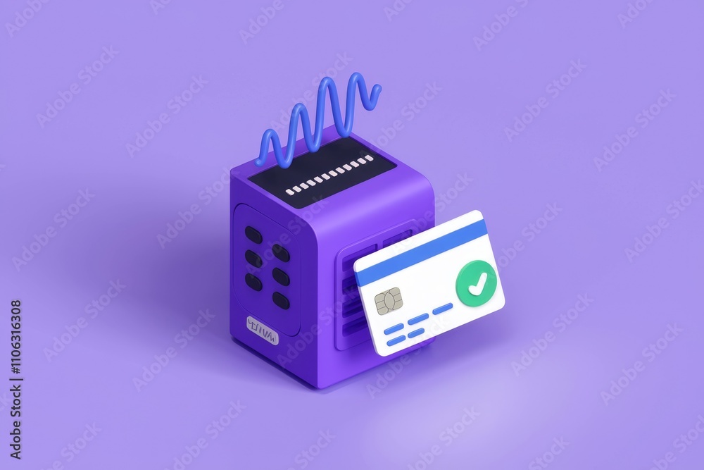 Poster 3d render of secure online payment transaction with credit card and purple device