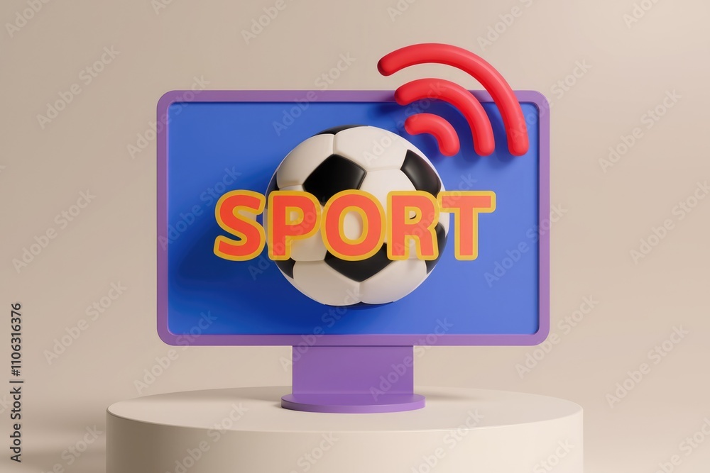 Leinwandbilder a 3d render of a soccer ball on a computer screen with 'sport' text and wifi symbol