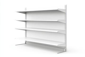 Empty white retail display shelving unit with four adjustable shelves