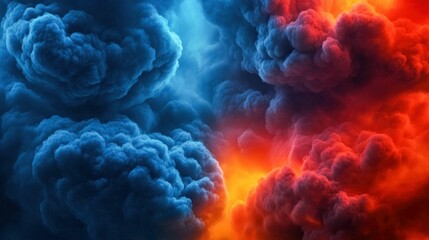Fototapeta premium Red and Blue Smoke Clouds with Flames in Abstract Art Style