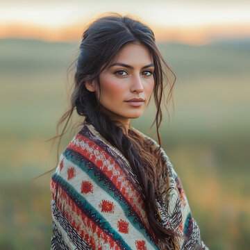 Traditional indigenous Native American woman wrapped in patterned shawl during sunset in serene natural landscape