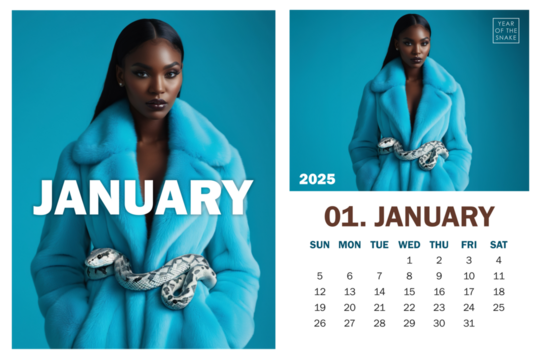Template of 2025 January calendar page and trendy high-fashion poster with black female model in fur coat and silver python snake coiled around her as a belt against cyan background. Year of the Snake