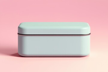 A light teal rectangular box with a silver rim sits on a pink background