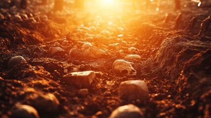 Sunlit mass grave of skulls and bones in mud.