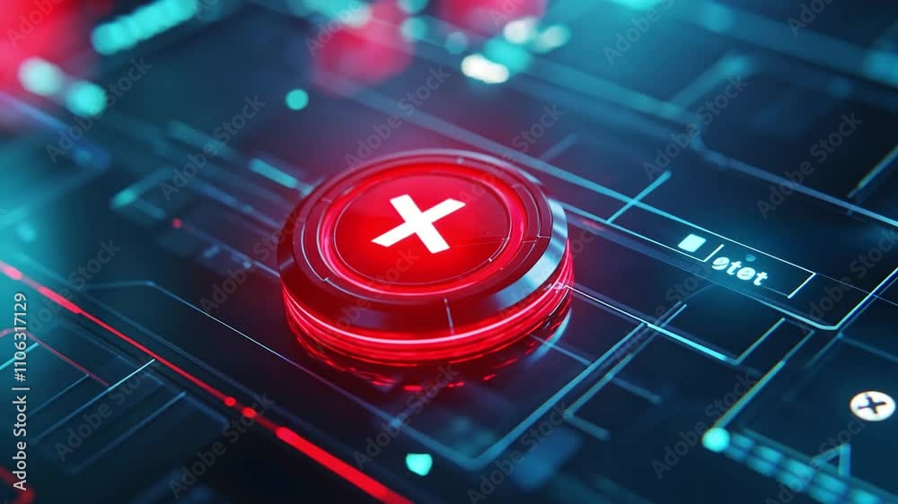 Poster abstract digital interface with glowing red cancel button on intricate circuit design and futuristic