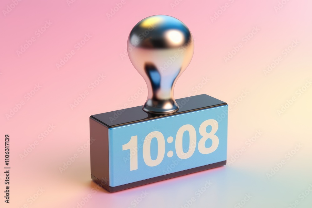 Aufkleber A 3D render of a lightbulb shaped object atop a blue cube displaying the time 10 08
