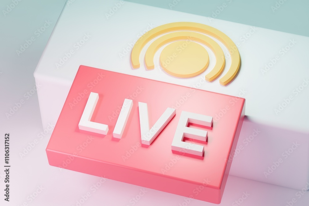 Poster a 3d render of a pink 'live' button with a yellow sun icon indicating a live stream