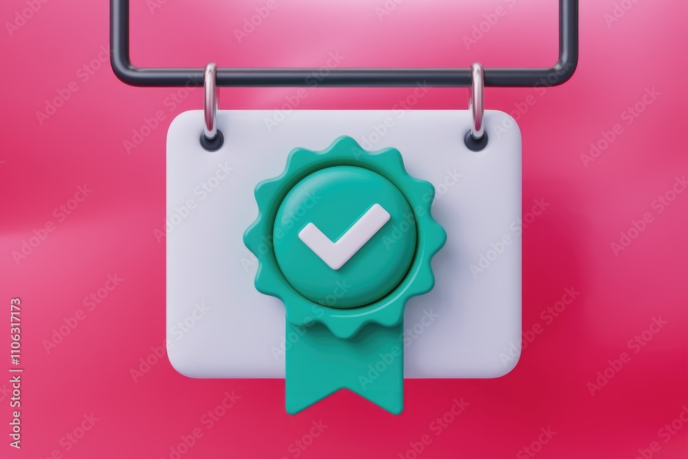 Poster 3D render of a teal badge with a checkmark  hanging on a pink background
