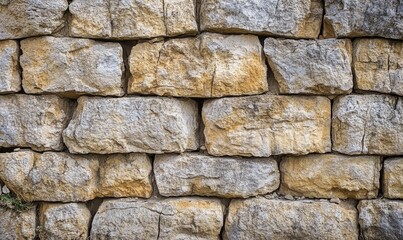 Obraz premium A close-up view of a textured stone wall, showcasing the natural cracks and rugged surface of the uneven, earthy-colored rocks