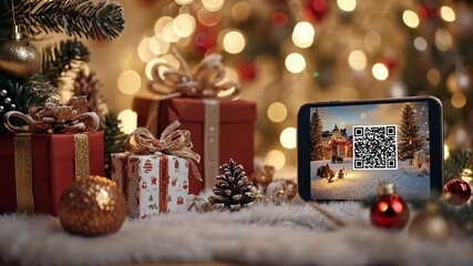 Festive holiday qr code display with gifts, lights, and ornaments in cozy setting - Powered by Adobe