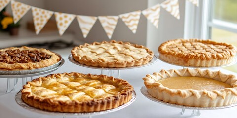food celebration, celebrate national pie day with a table full of assorted pies and decorative pie-themed banners hanging above for a festive touch
