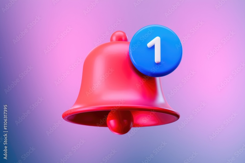 Poster 3D render of a red bell with a blue notification badge showing one new notification