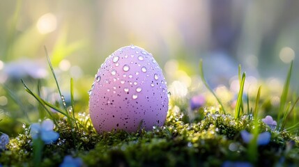 A pastel-colored Easter egg resting on a bed of soft moss, dew drops glistening, soft light, serene