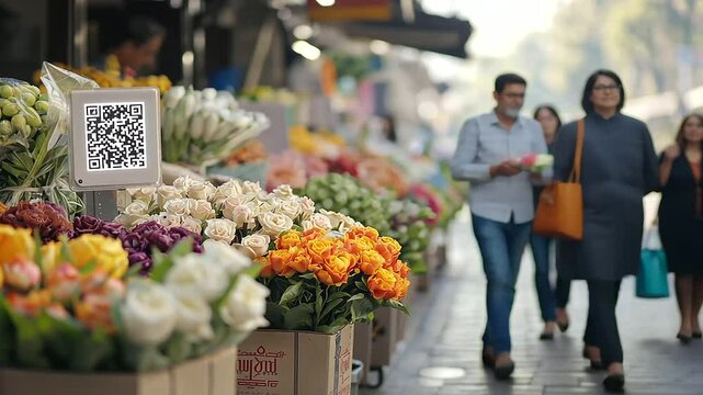 Street Vendor Selling Colorful Flowers with QR Code Sign - Powered by Adobe