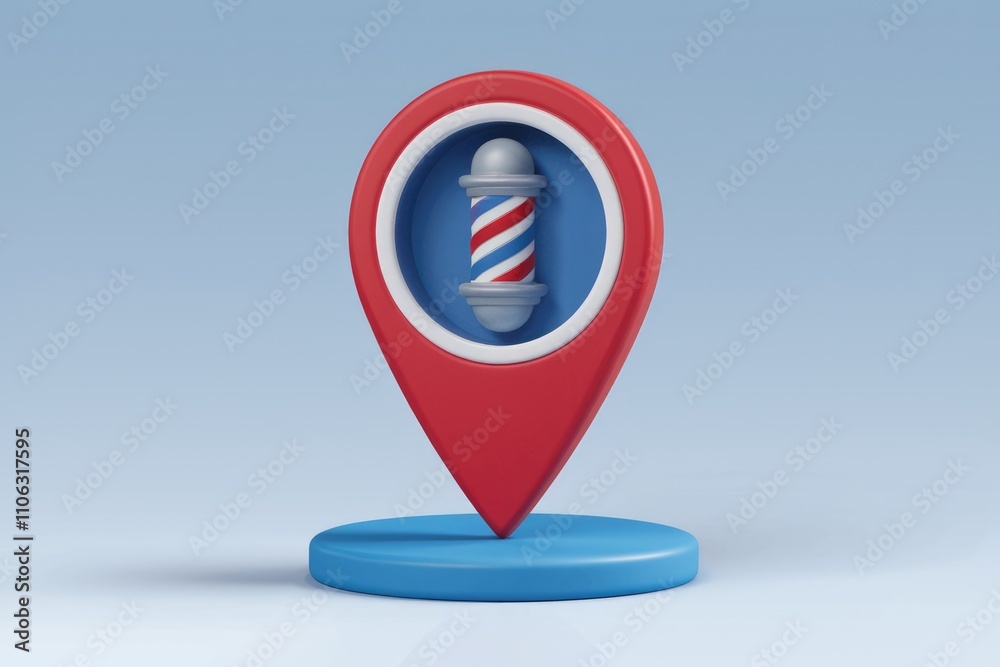 Poster 3d render of a barber shop location marker. red pin with barber pole