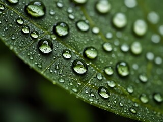 Macro rain droplets on green leaf.