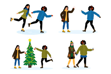 Women enjoying winter activities including ice skating and decorating a Christmas tree