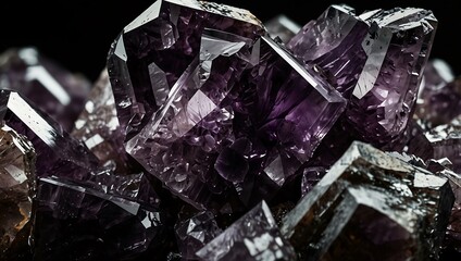 Macro shot of amethyst mineral on a black background.