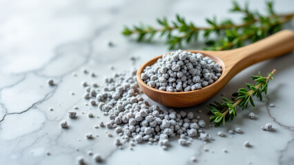 Small wooden bowl filled with gray Celtic sea salt crystals resting on a marble countertop next to a sprig of rosemary.