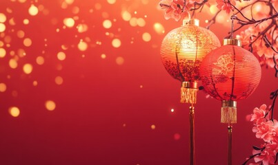 Golden Fireworks on red background, chinese new year concept,