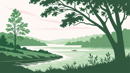 landscape with trees and lake, nature vector art, illustrator