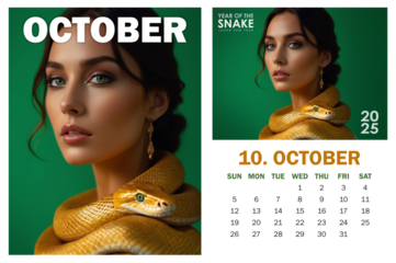 Trendy 2025 October calendar page and poster featuring European female model with golden python snake coiled around her against green background, symbolizing Year of the Snake. High fashion style