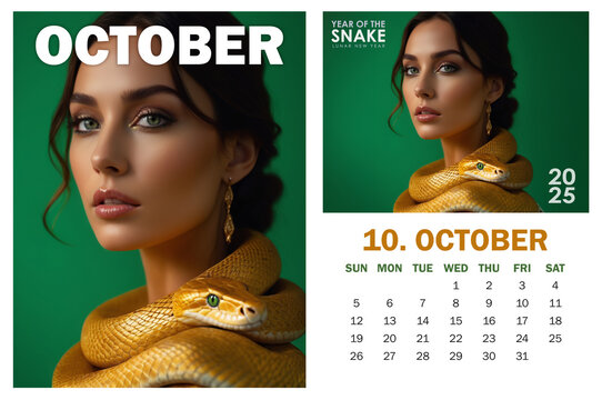 Trendy 2025 October calendar page and poster featuring European female model with golden python snake coiled around her against green background, symbolizing Year of the Snake. High fashion style