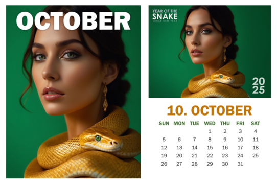 Trendy 2025 October calendar page and poster featuring European female model with golden python snake coiled around her against green background, symbolizing Year of the Snake. High fashion style