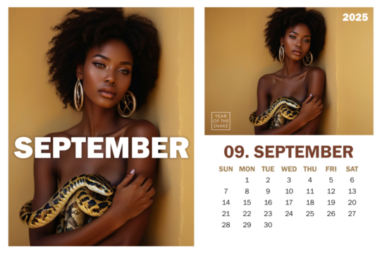 Trendy 2025 September calendar page and poster featuring black female model with exotic python snake coiled around her body against beige background, symbolizing Year of the Snake. High fashion style