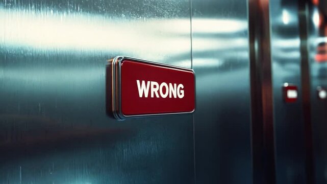 Bold red sign indicating wrong direction in a modern elevator hallway provides a striking contrast