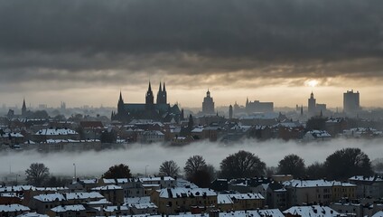 Fototapeta premium Magdeburg city shrouded in winter fog.