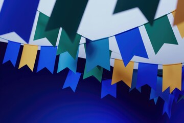 String of colorful triangular flags hanging against a blue background