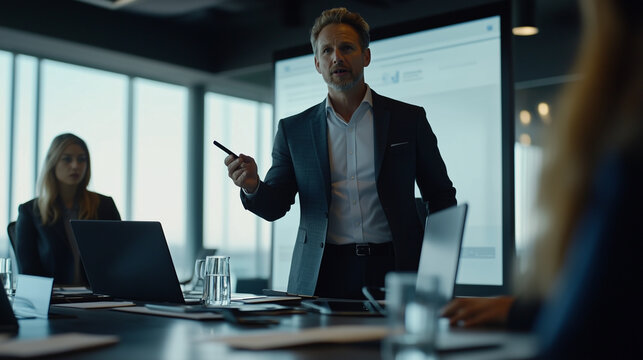 Professional businessman giving presentation in corporate meeting in modern conference room. Showing leadership, communication, and collaboration with colleagues. Image made using Generative AI.
