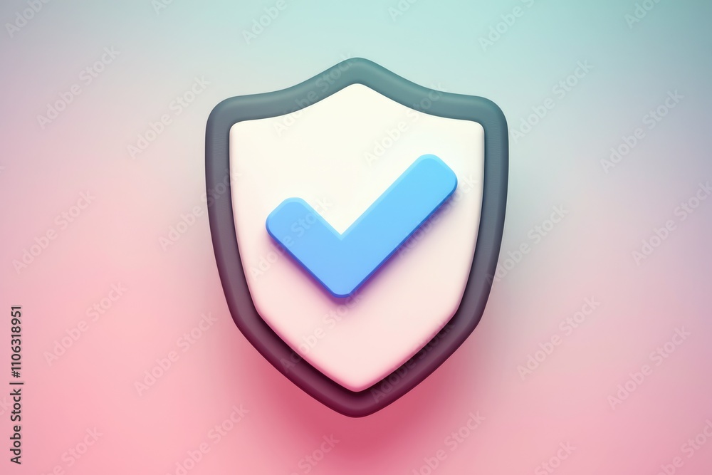 Poster A 3D rendered image of a shield with a checkmark  symbolizing security and protection