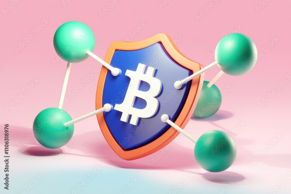 Aufkleber 3D render of Bitcoin symbol protected by a shield  secured by molecule like structure