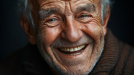 Fototapeta premium Portrait of a man laughing heartily, wrinkles around eyes, happy expression, candid shot, high resolution.