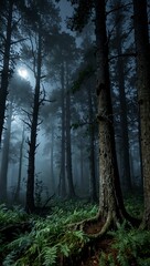 Obraz premium Magical ancient forest with moonlit fog.
