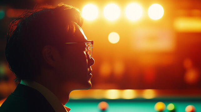 Man with glasses in a billiards, pool, or snooker competition, illuminated lights. The intense atmosphere highlights focus and precision in the world of cue sports. Image made using Generative AI.