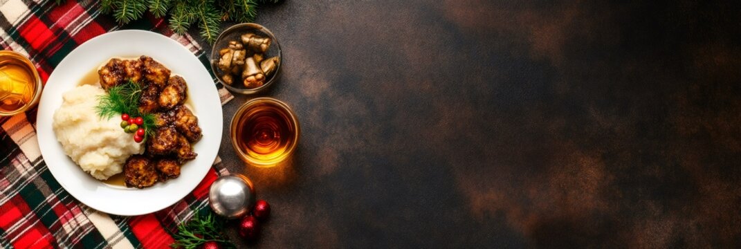 scottish cuisine and culture, a flat-lay showcasing burns night must-haves haggis, neeps, tatties, whisky, thistle, and robert burns book, with space for text