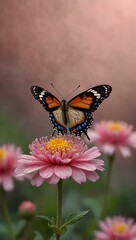 Naklejka premium Magical butterfly landing on a pink flower.